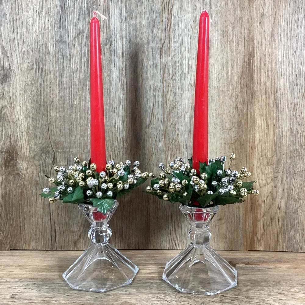 Pair Glass Candlestick Holders with Holiday Candle Rings